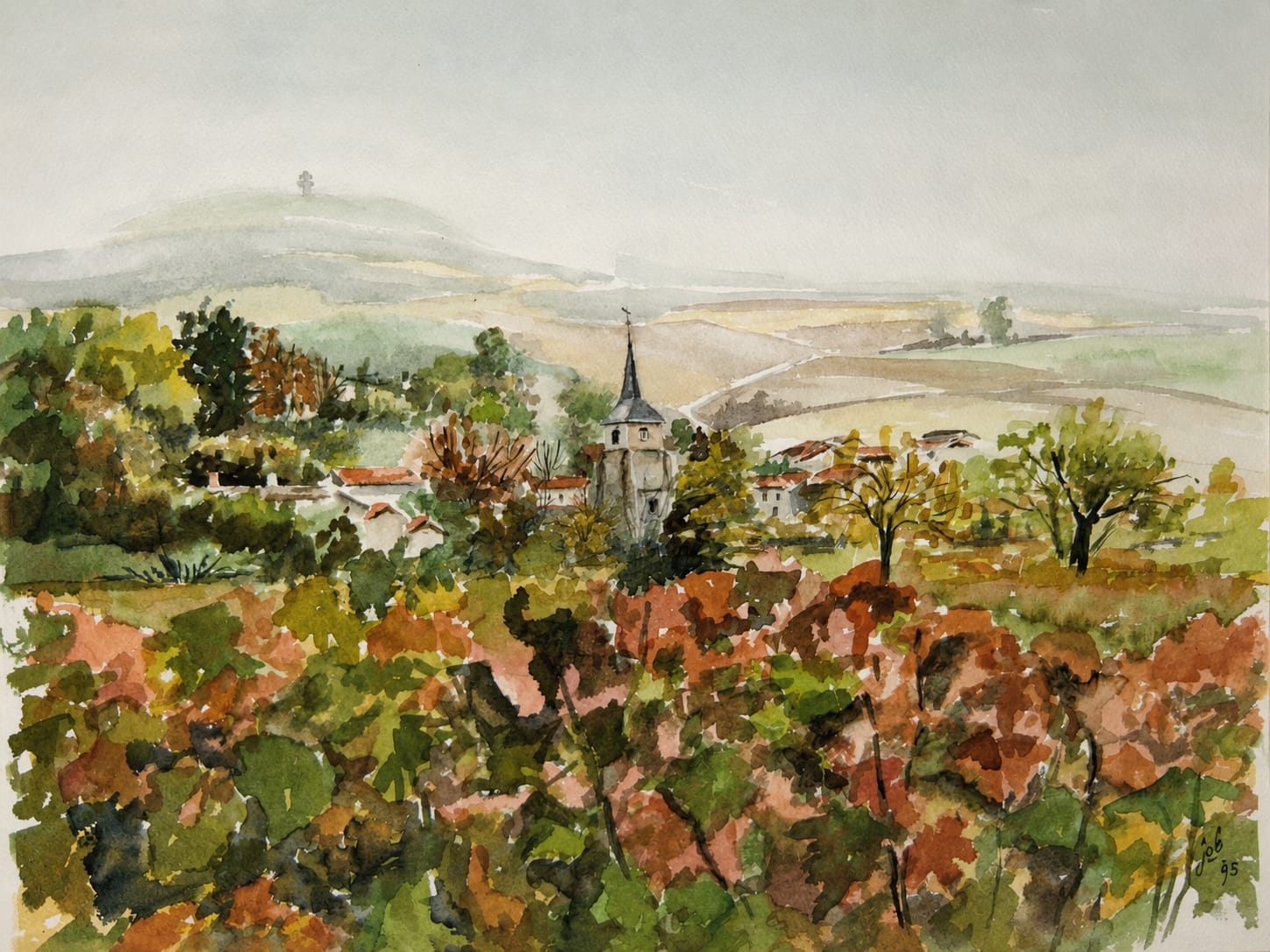 Aquarel van Rouvres-les-Vignes met het Croix de Lorraine en wijnranken